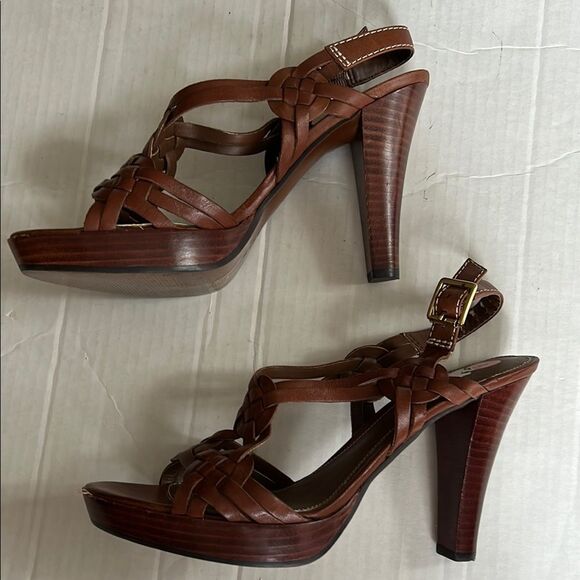 LAUREN RALPH LAUREN 9 Brown Woven Heeled Sandals Braided Slingback Open Toe - Picture 6 of 15